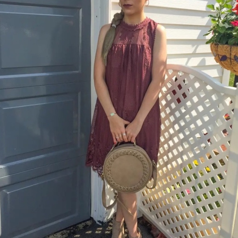 Lace Practical Magic Burgundy Maroon Sleeveless Brunch Modest Baby Doll Dress - Picture 11 of 13